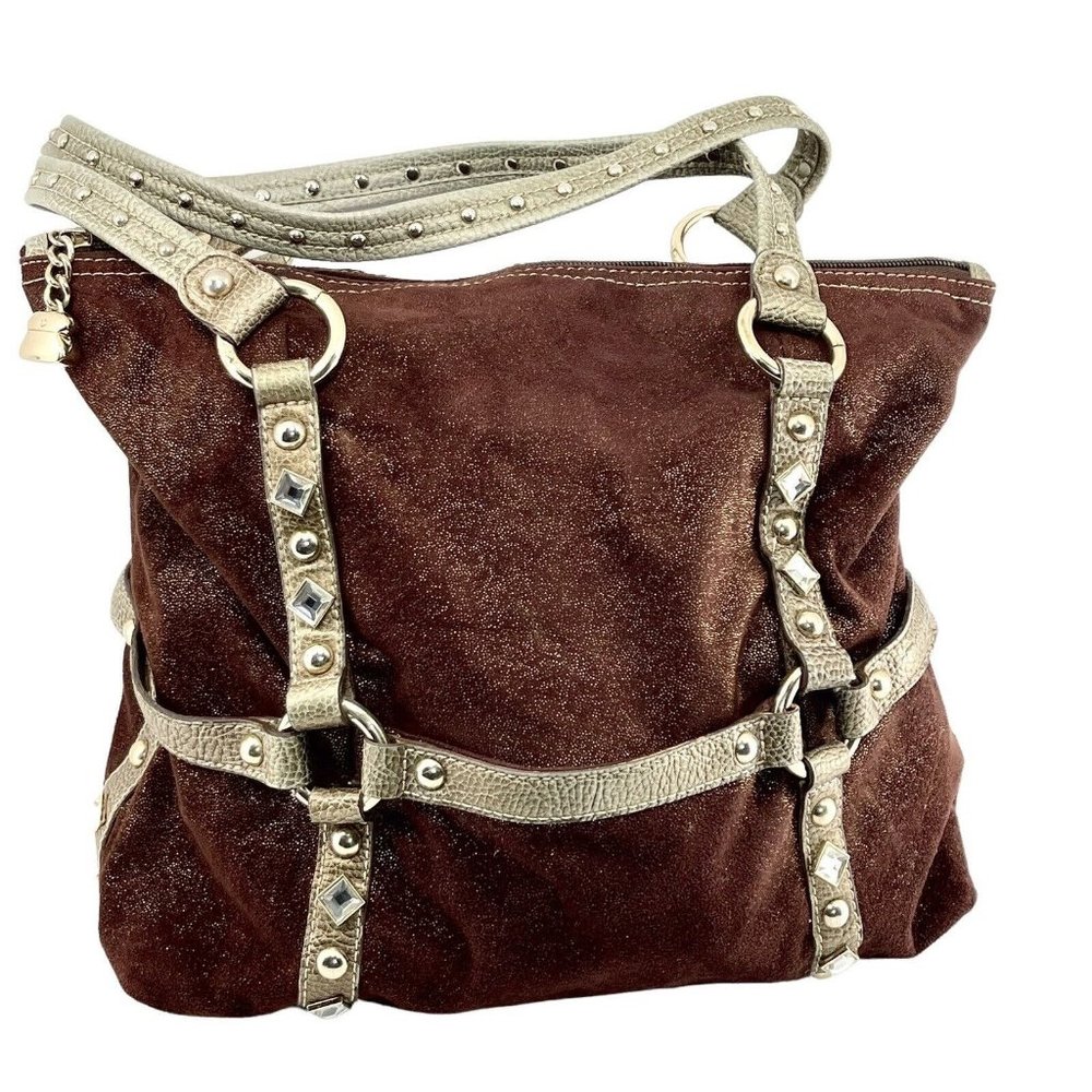 kathy van zeeland woman’s brown bronze embellished shoulder tote handbag purse